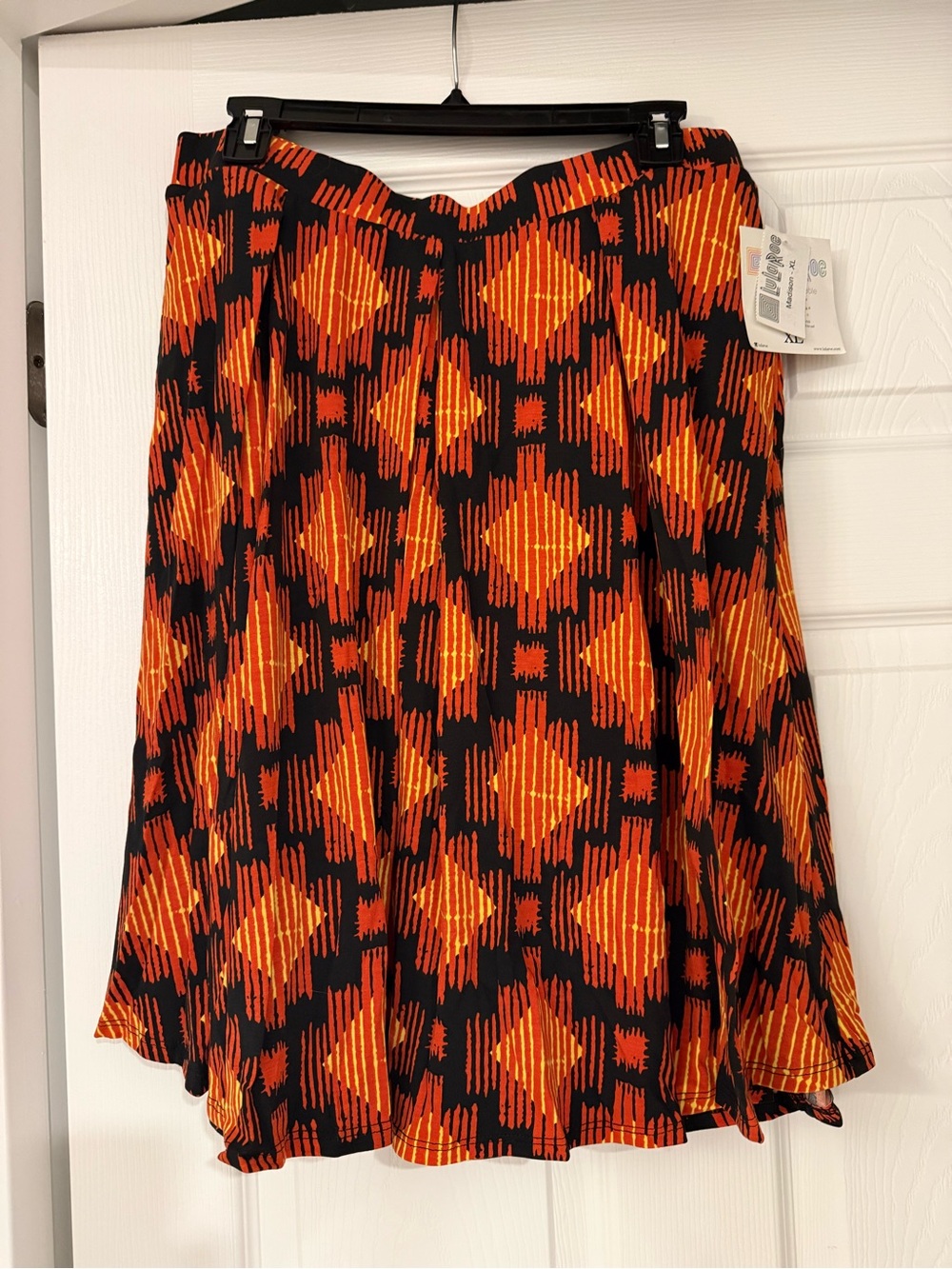 Lularoe Madison Skirt- Women’s Black & Orange Patterned A-Line Skirt